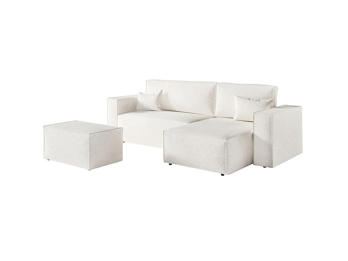 Canapé d'angle convertible 4 places avec pouf en tissu blanc