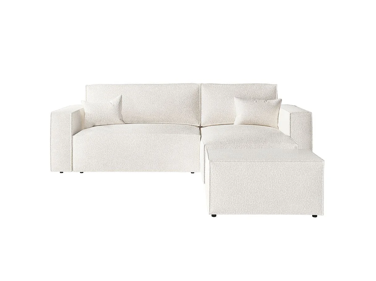 Canapé d'angle convertible 4 places avec pouf en tissu blanc