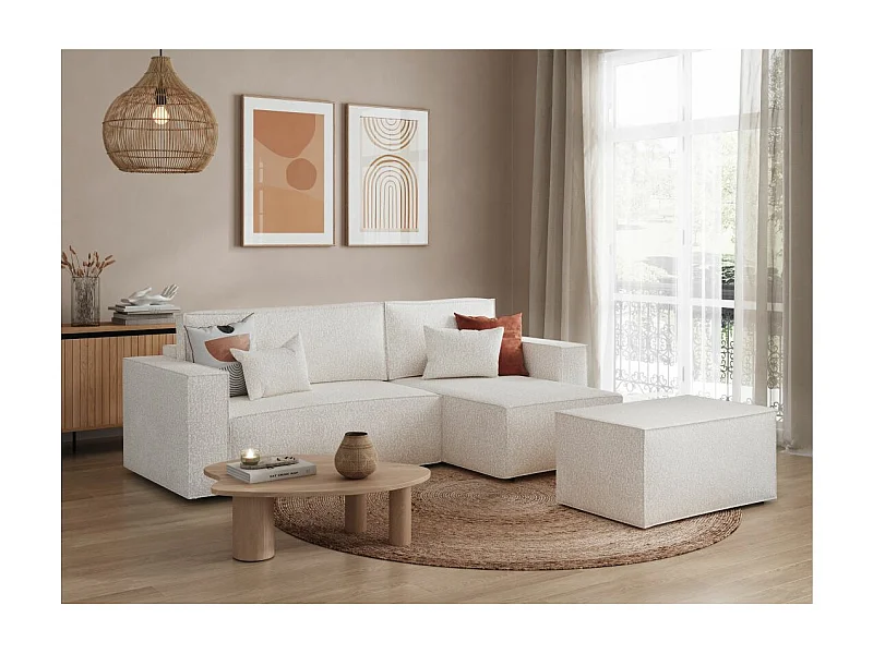 Pack - Clarisse - Canapé d'angle convertible réversible avec pouf en tissu bouclette - Blanc - L269 x P159 x H89cm - Loungitude