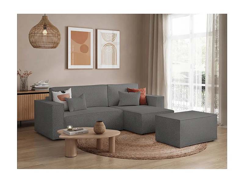 Pack - Clarisse - Canapé d'angle convertible réversible avec pouf en tissu bouclette - Gris - L269 x P159 x H89cm - Loungitude