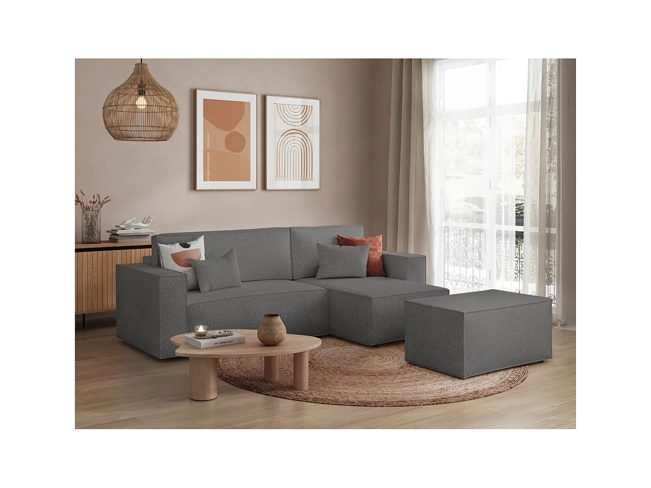 Pack - Clarisse - Canapé d'angle convertible réversible avec pouf en tissu bouclette - Gris - L269 x P159 x H89cm - Loungitude