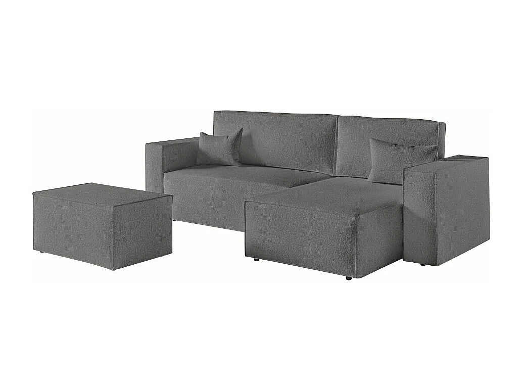 Pack - Clarisse - Canapé d'angle convertible réversible avec pouf en tissu bouclette - Gris - L269 x P159 x H89cm - Loungitude