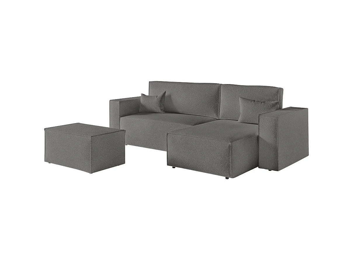 Canapé d'angle convertible 4 places avec pouf en tissu gris