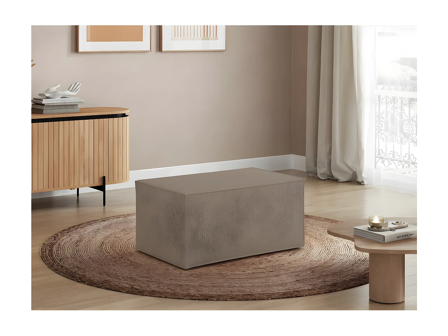Pouf en tissu bouclette Clarisse - Taupe - L90 x P50 x H41cm - Loungitude