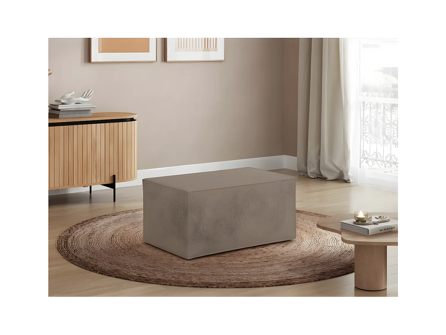Pouf en tissu bouclette Clarisse - Taupe - L90 x P50 x H41cm - Loungitude