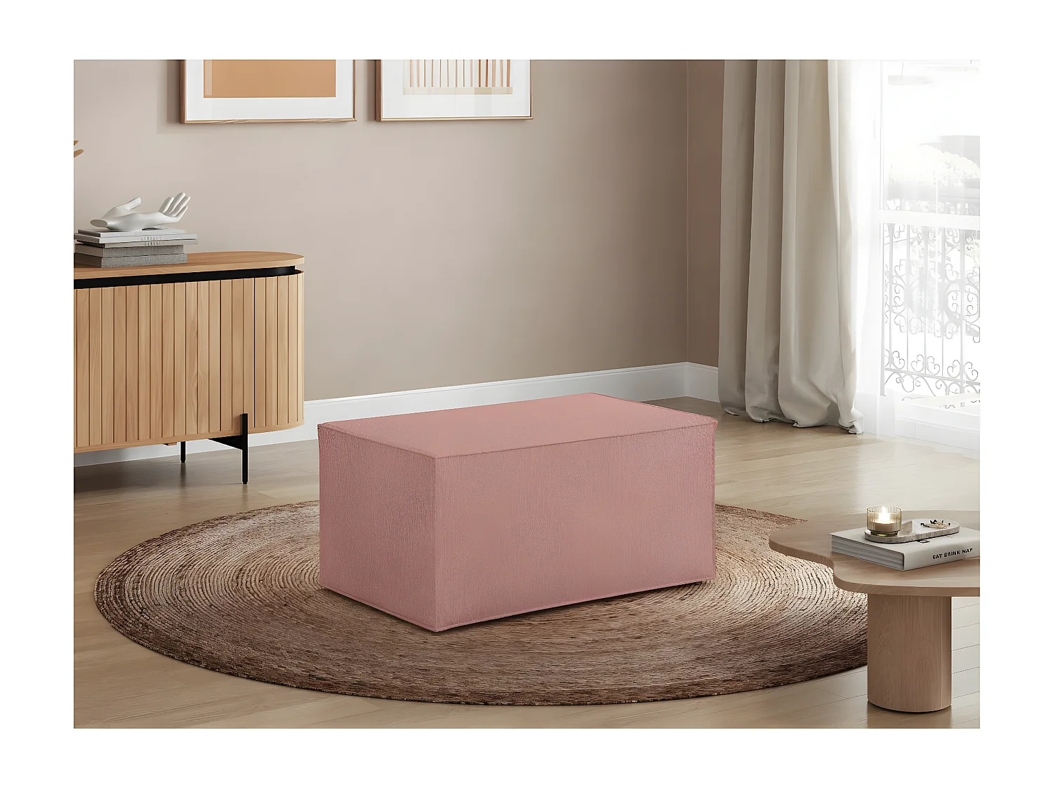 Pouf en tissu bouclette Clarisse - Rose - L90 x P50 x H41cm - Loungitude