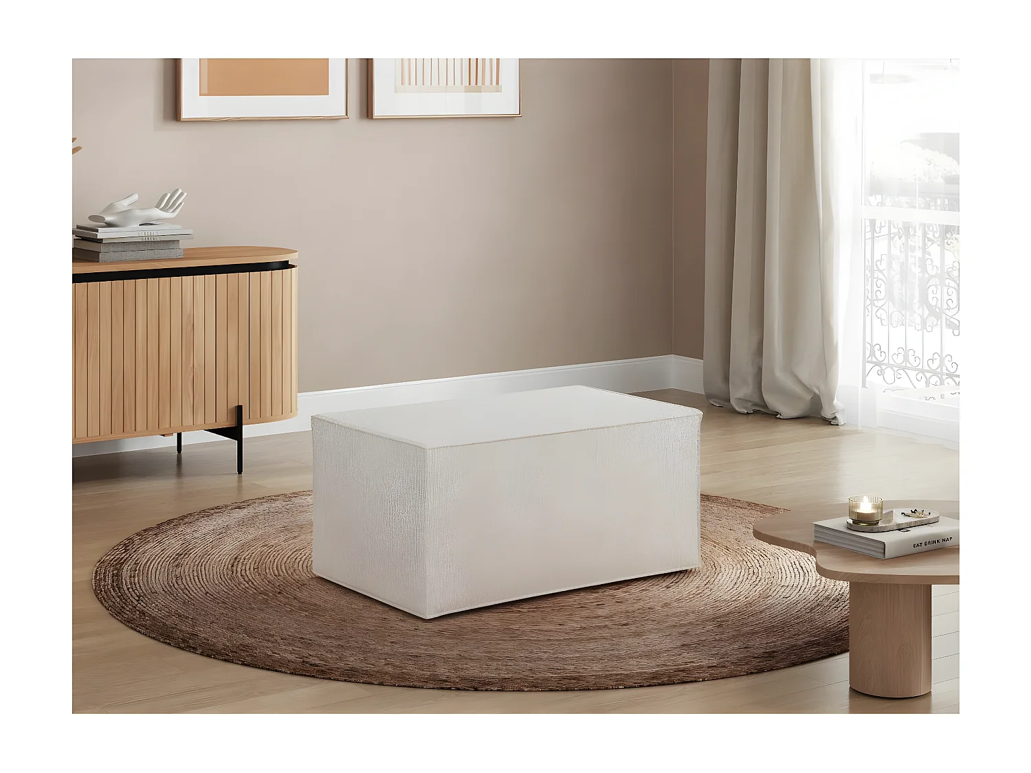 Pouf en tissu bouclette Clarisse - Blanc - L90 x P50 x H41cm - Loungitude