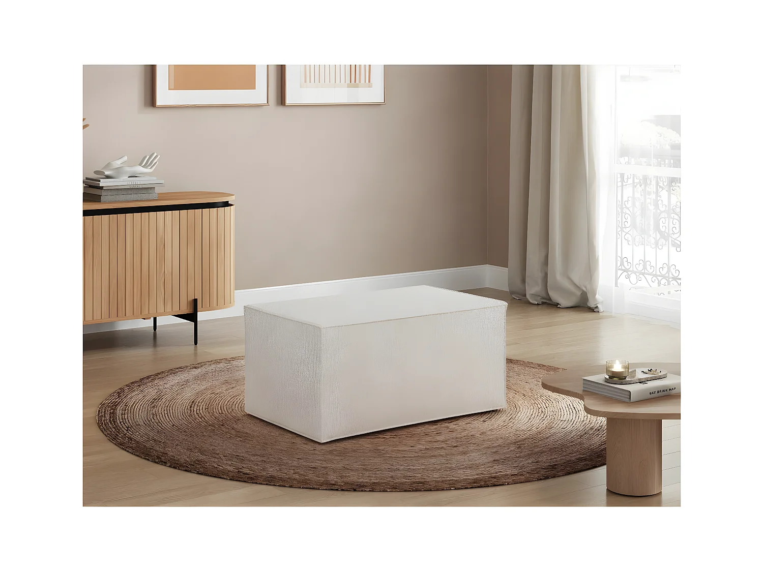 Pouf en tissu bouclette Clarisse - Blanc - L90 x P50 x H41cm - Loungitude