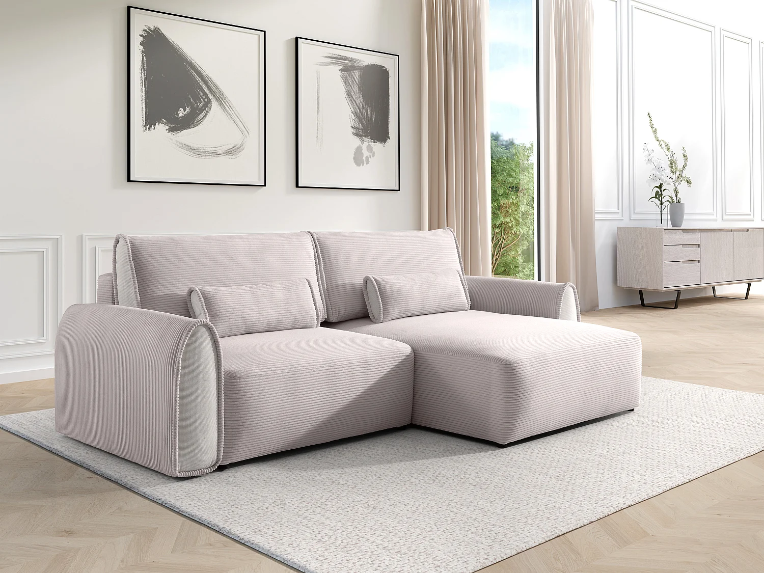 Canapé d'angle convertible et réversible en velours côtelé gris clair RISTANO