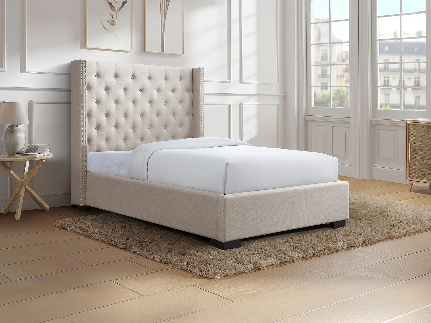 Lit 90 x 200 cm avec tête de lit capitonnée - Tissu - Beige - MASSIMO III