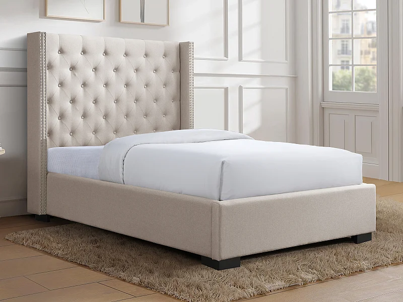 Seng 120 x 200 cm med polstret hodegavl - Stoff - Beige - MASSIMO