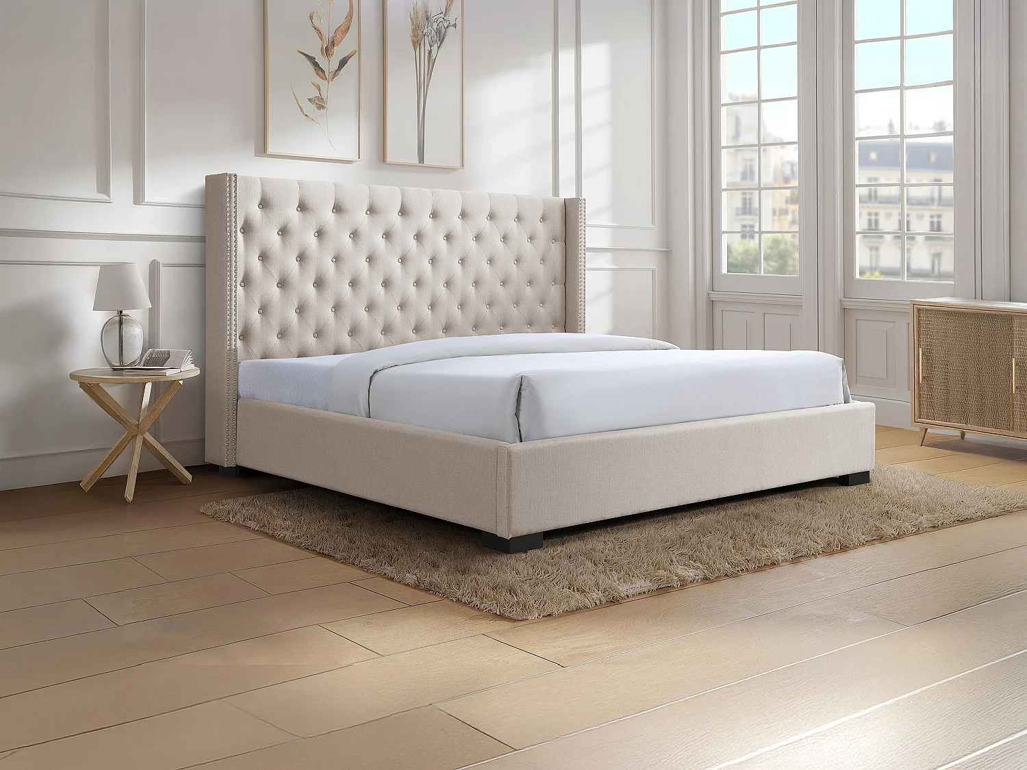 Lit 200 x 200 cm avec tête de lit capitonnée - Tissu - Beige - MASSIMO