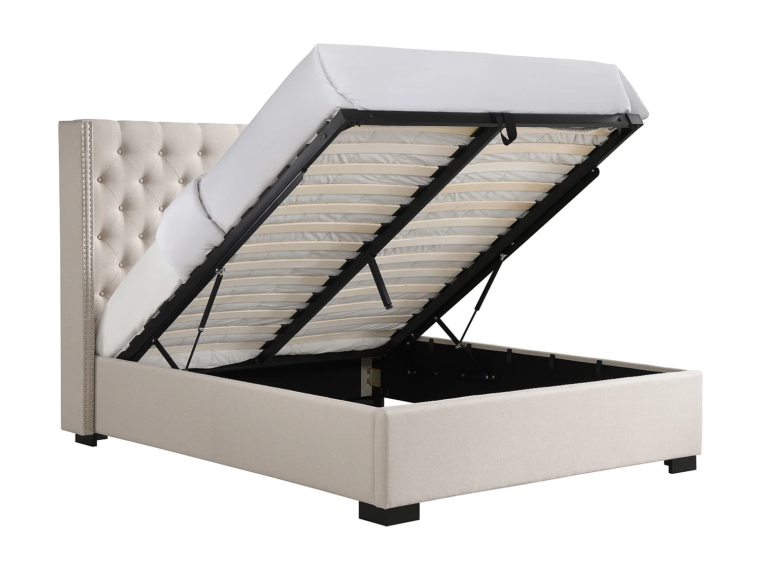 Lit coffre 160 x 200 cm avec tête de lit capitonnée - Tissu - Beige - MASSIMO II