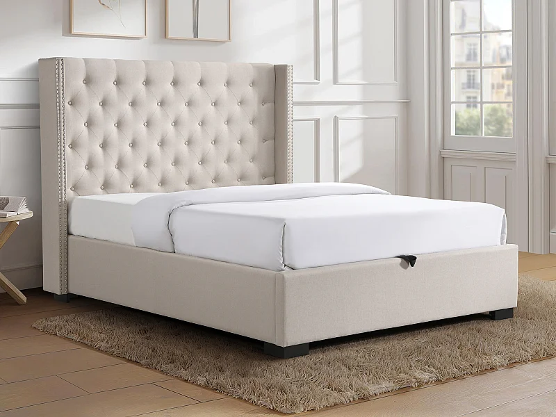 Lit coffre 200 x 200 cm avec tête de lit capitonnée - Tissu - Beige - MASSIMO