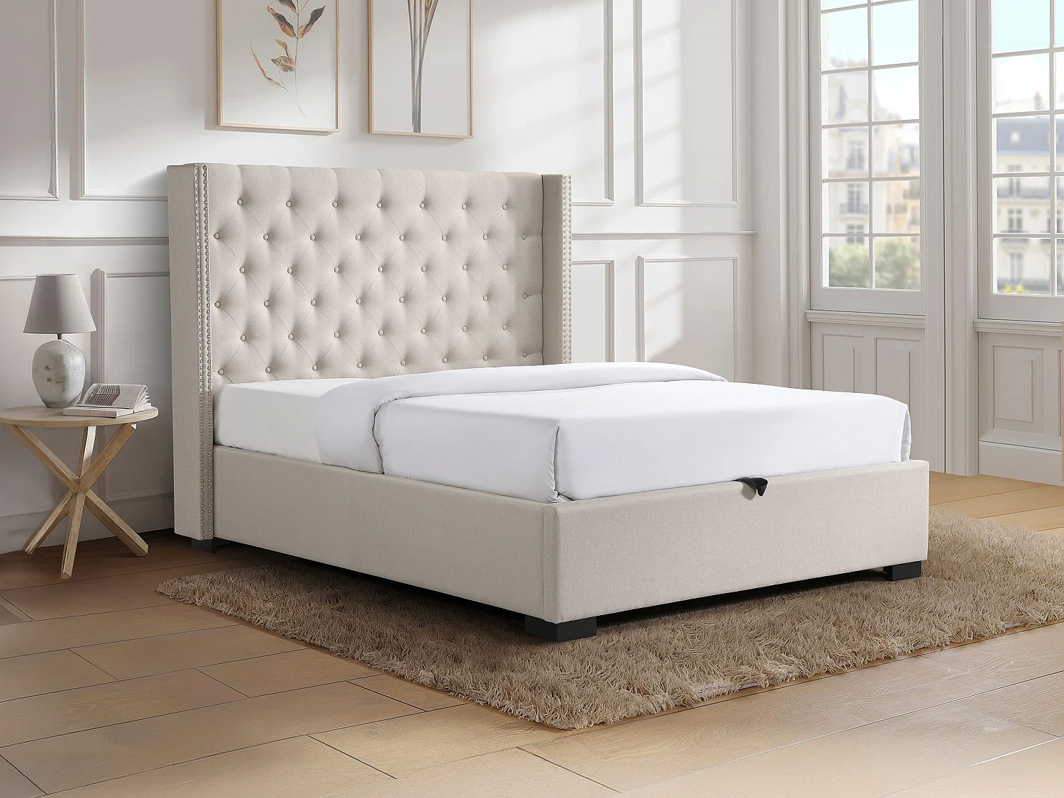 Lit coffre 200 x 200 cm avec tête de lit capitonnée - Tissu - Beige - MASSIMO