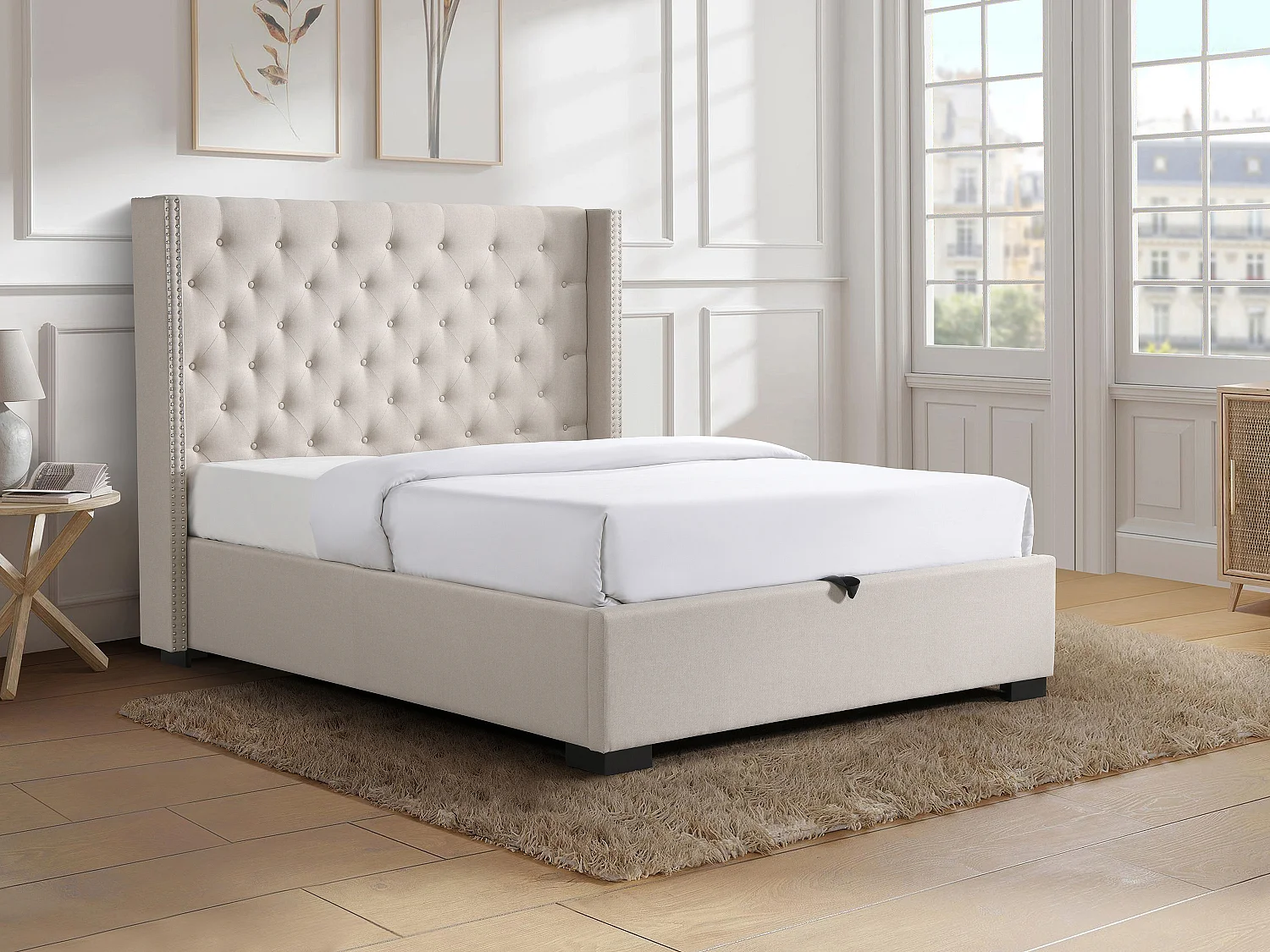 Lit coffre 180 x 200 cm avec tête de lit capitonnée - Tissu - Beige - MASSIMO