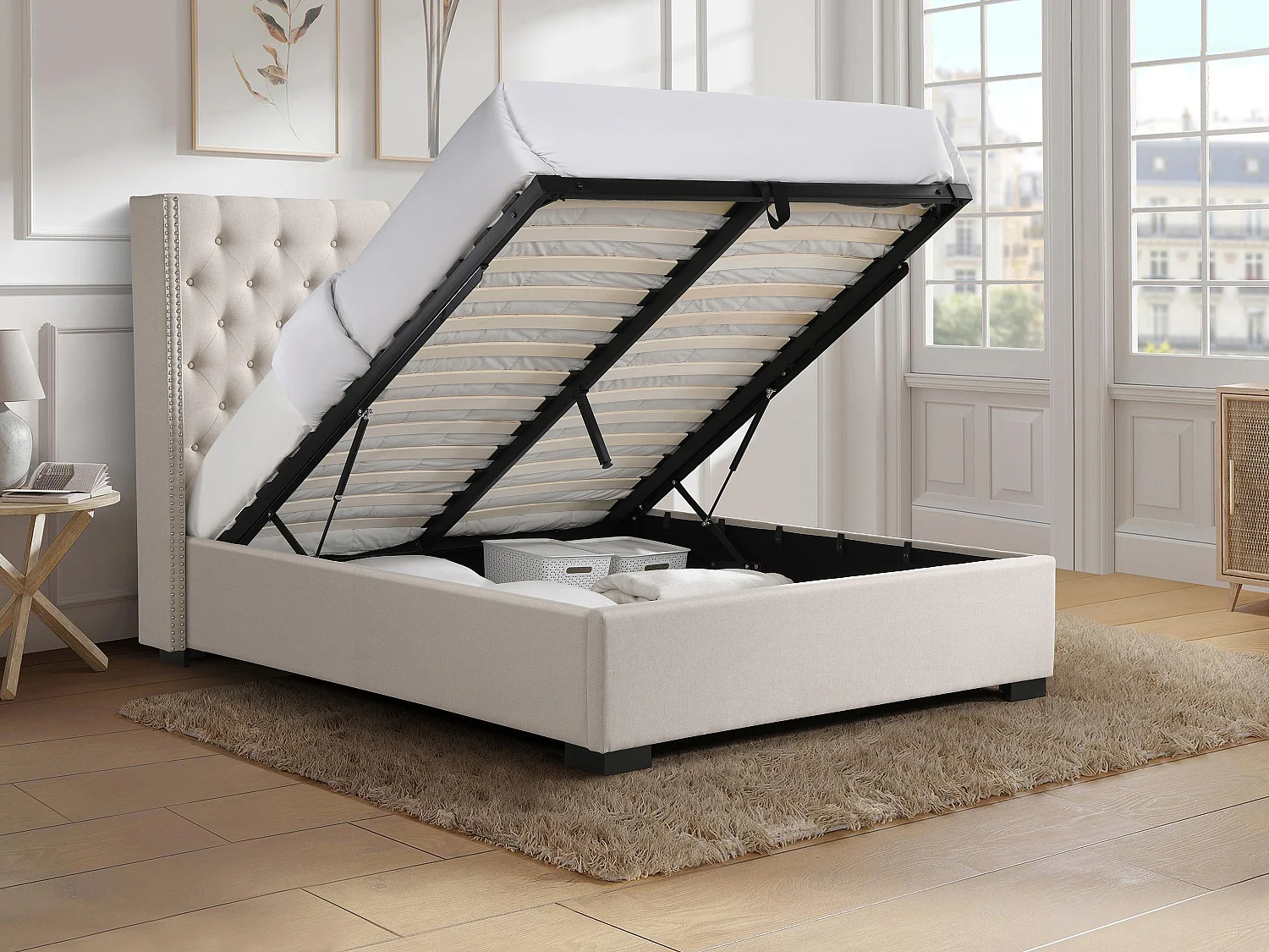 Lit coffre 180 x 200 cm avec tête de lit capitonnée - Tissu - Beige - MASSIMO