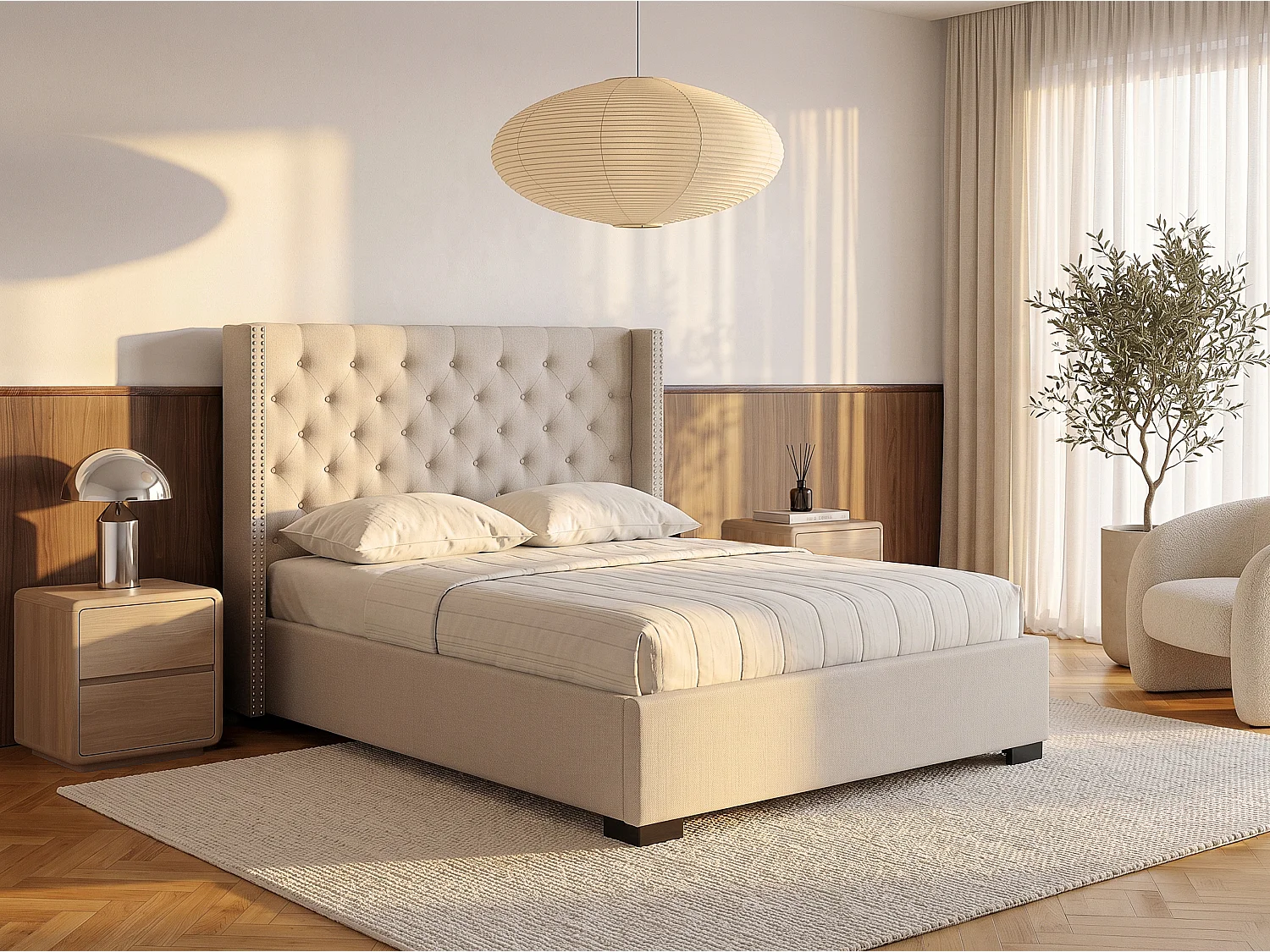 Opbevaringsseng 180 x 200 cm med capitonné sengegavl - Stof - Beige - MASSIMO