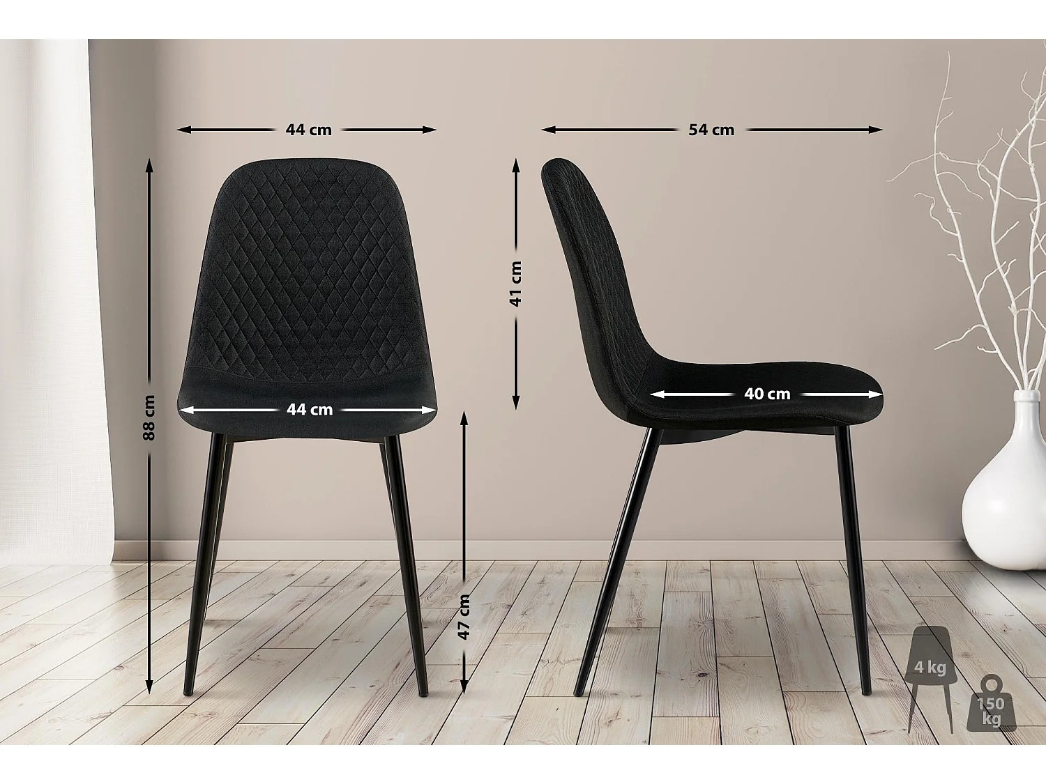 Lot de 4  chaise salle à manger - Tissu - Noir - Giverny