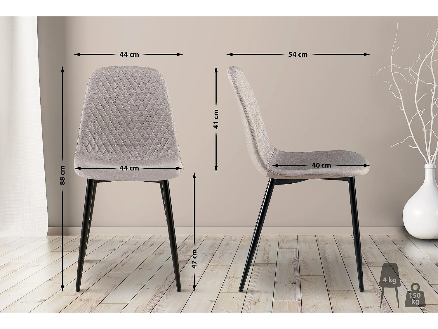 Lot de 4  chaise salle à manger - Tissu - Gris - Giverny