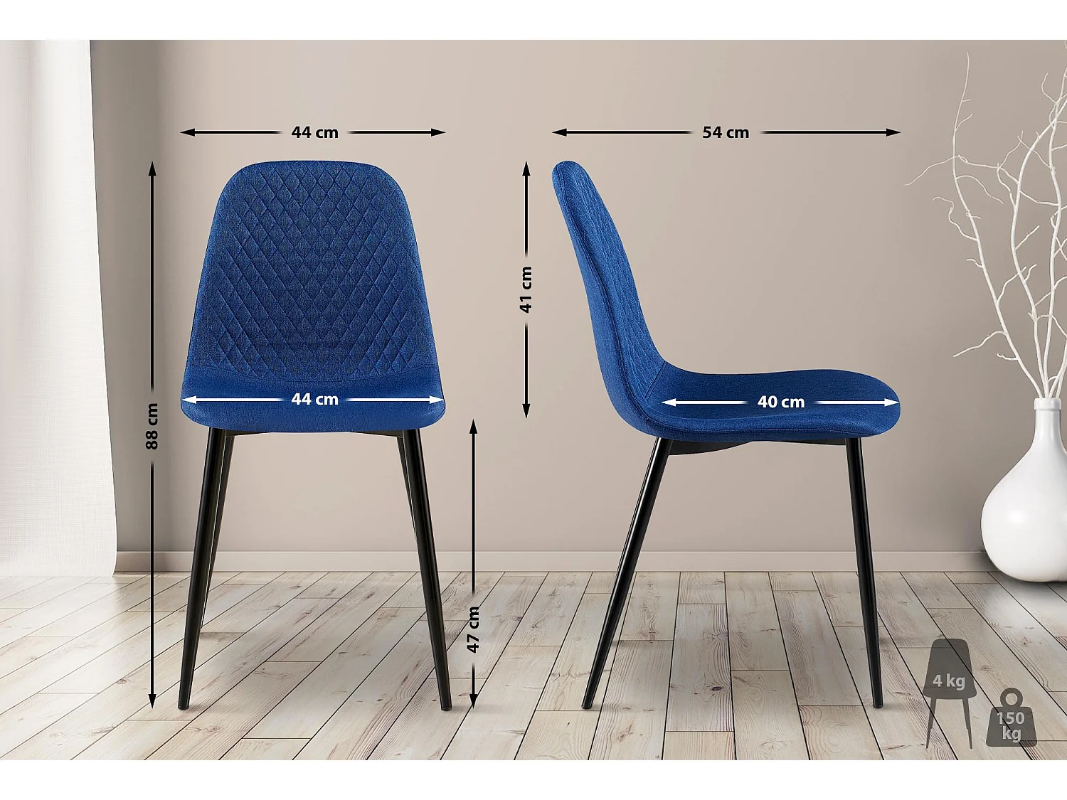 Lot de 4  chaise salle à manger - Tissu - Bleu - Giverny