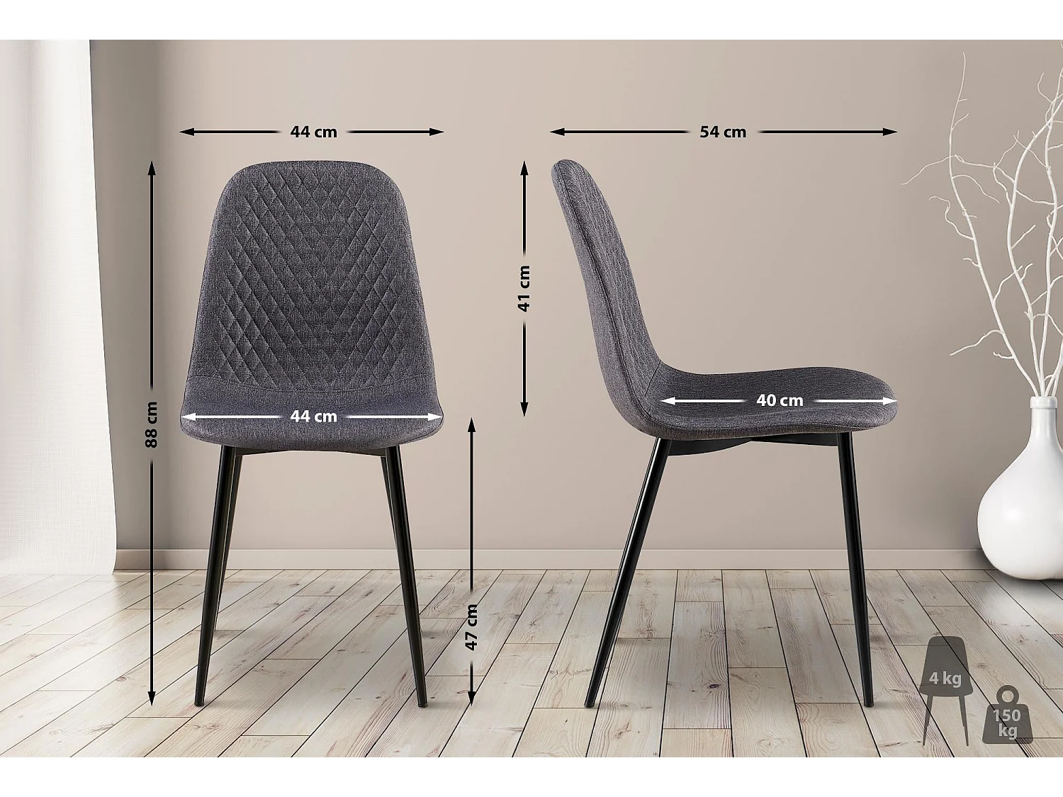 Lot de 4  chaise salle à manger - Tissu - Gris foncé - Giverny