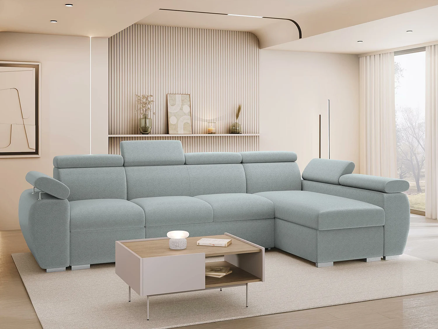 Canapé d'angle Columbus 227, Gris clair, Disponible, 320x170x85cm