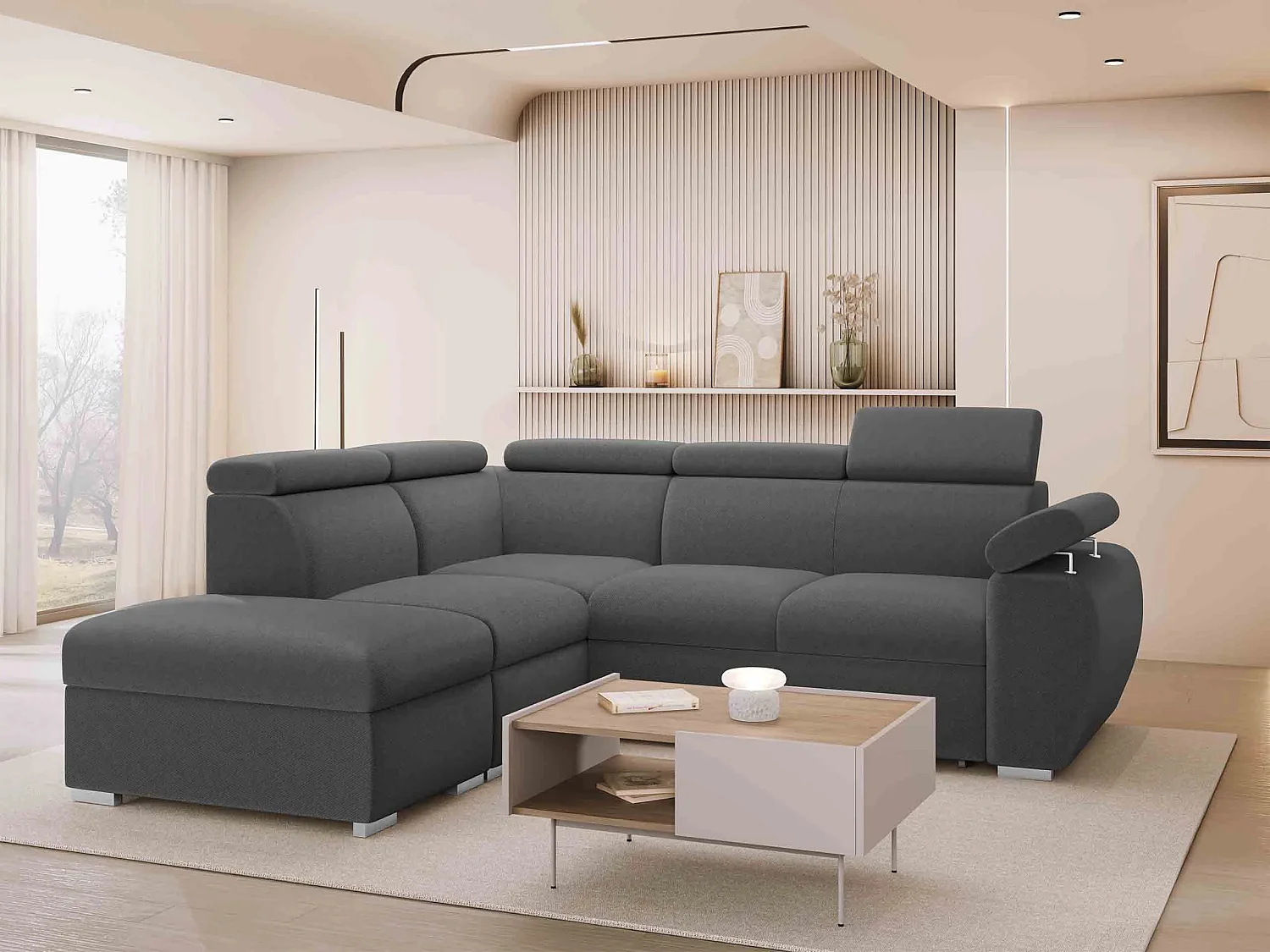 Canapé d'angle Columbus 228, Gris foncé, Disponible, 260x230x85cm