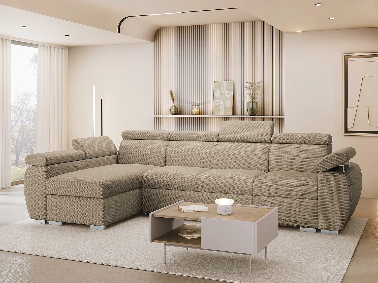 Canapé d'angle Columbus 227, Brun clair, Disponible, 320x170x85cm