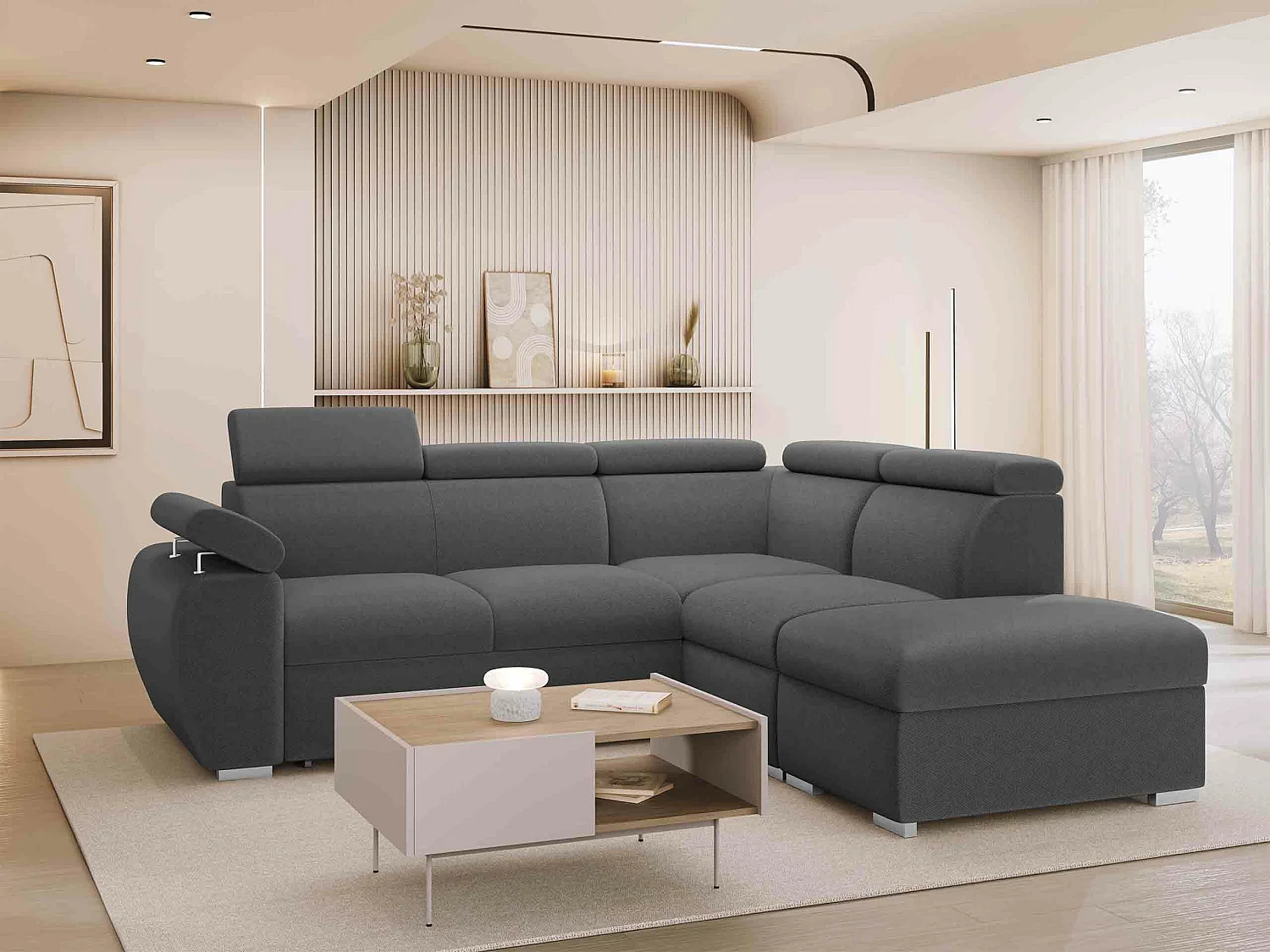 Canapé d'angle Columbus 228, Gris foncé, Disponible, 260x230x85cm