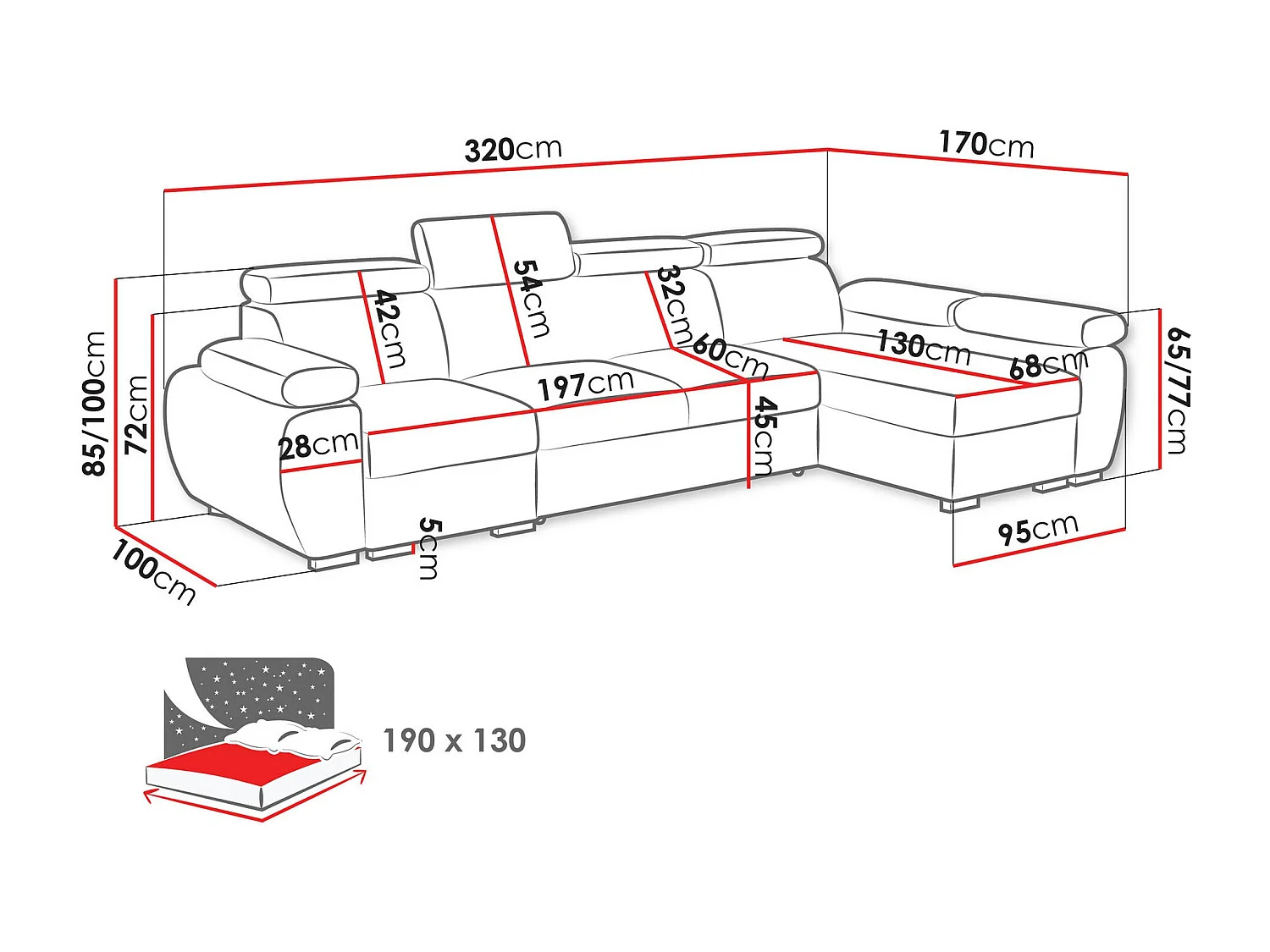 Sofá rinconero Columbus 227, Gris, Función de descanso, Almacenaje, 320x170x85cm