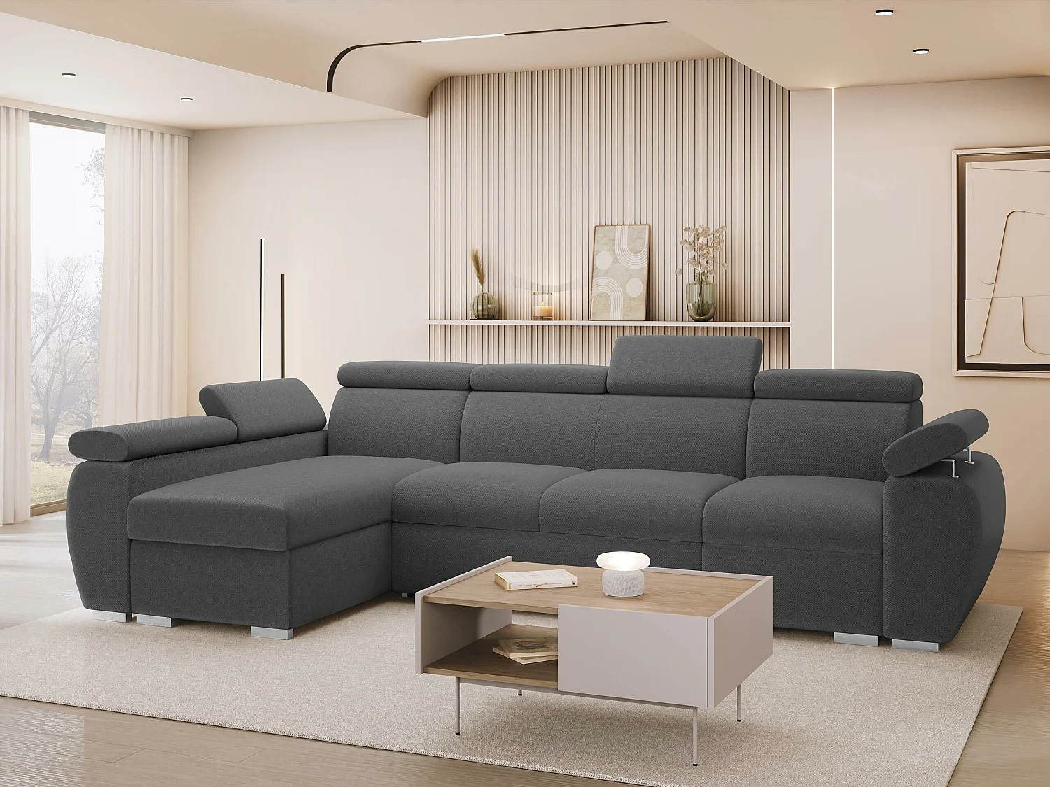 Canapé d'angle Columbus 227, Gris foncé, Disponible, 320x170x85cm