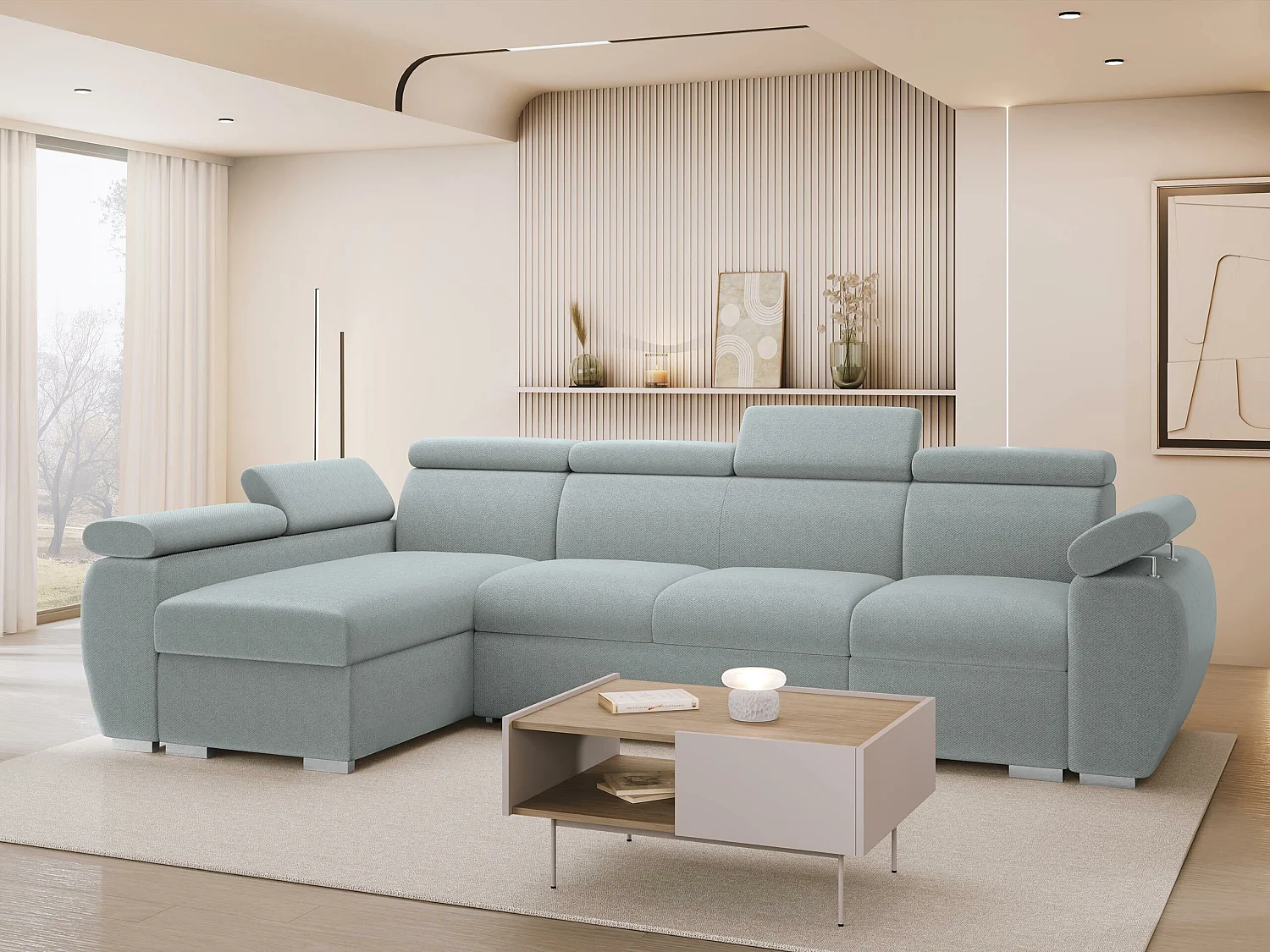 Canapé d'angle Columbus 227, Gris clair, Disponible, 320x170x85cm