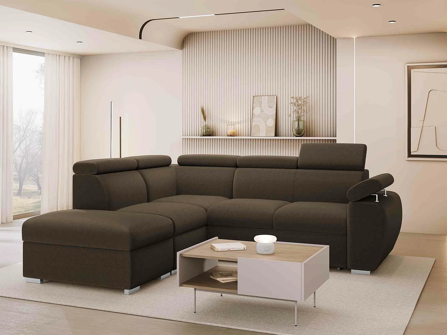 Canapé d'angle Columbus 228, Marron, Disponible, 260x230x85cm