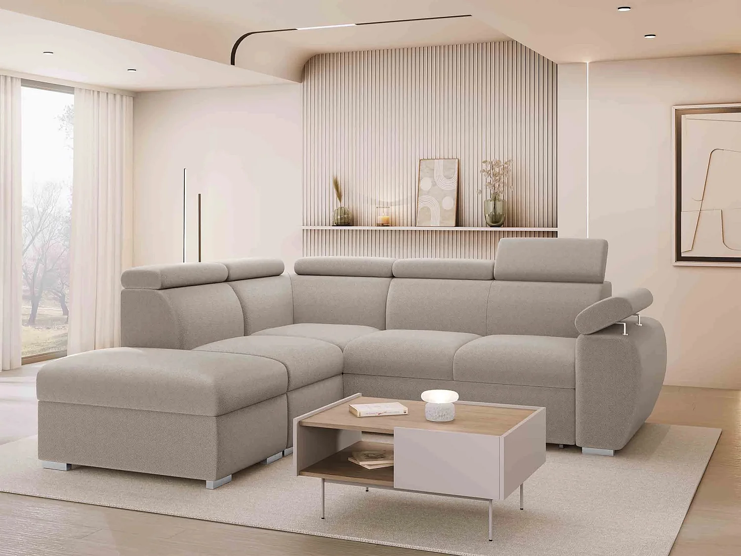 Canapé d'angle Columbus 228, Brun clair, Disponible, 260x230x85cm