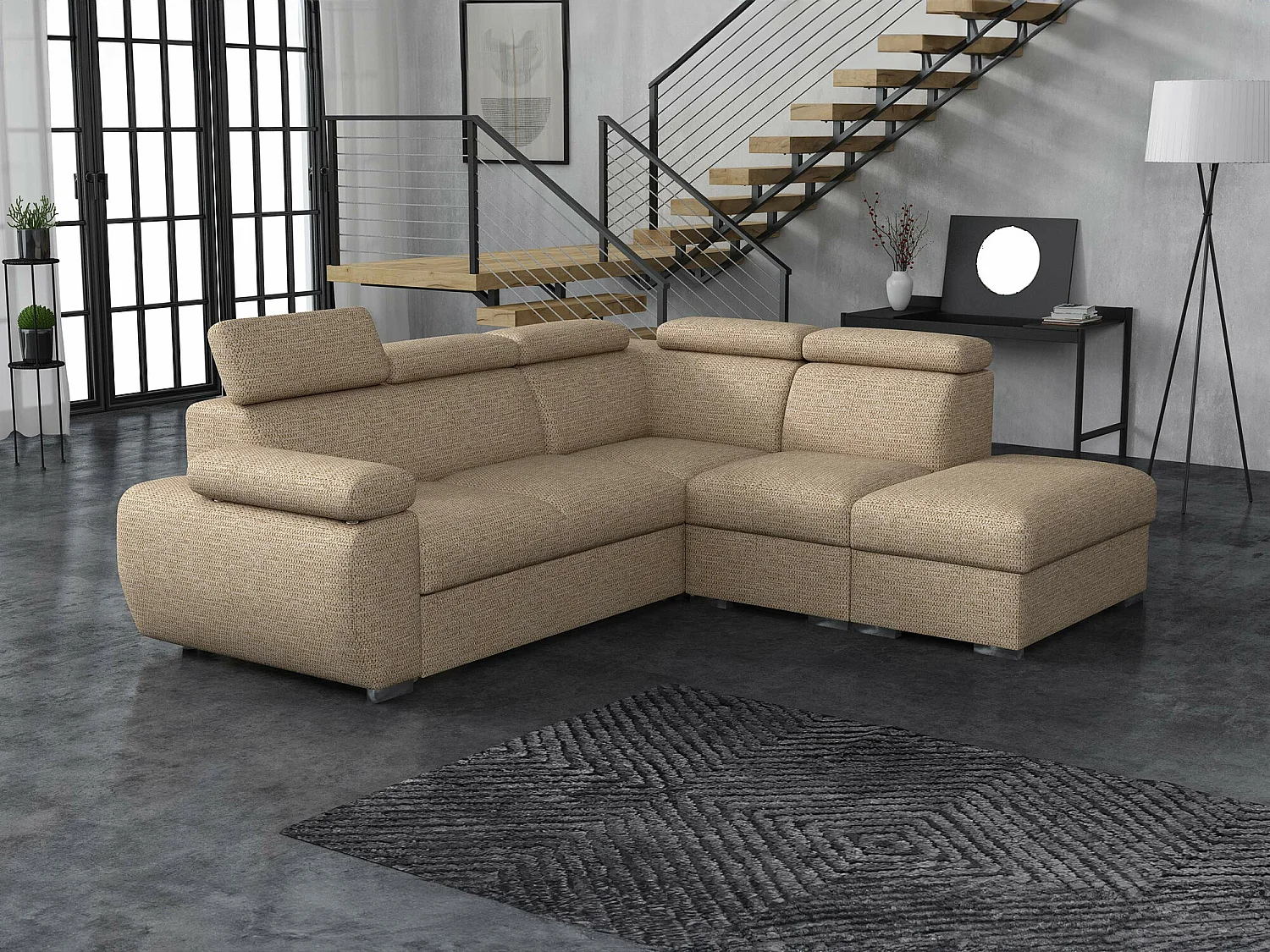 Sofá rinconero Columbus 228, De color marrón claro, Función de descanso, Almacenaje, 85cm