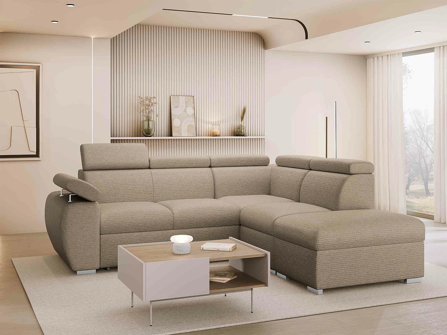 Canapé d'angle Columbus 228, Brun clair, Disponible, 260x230x85cm