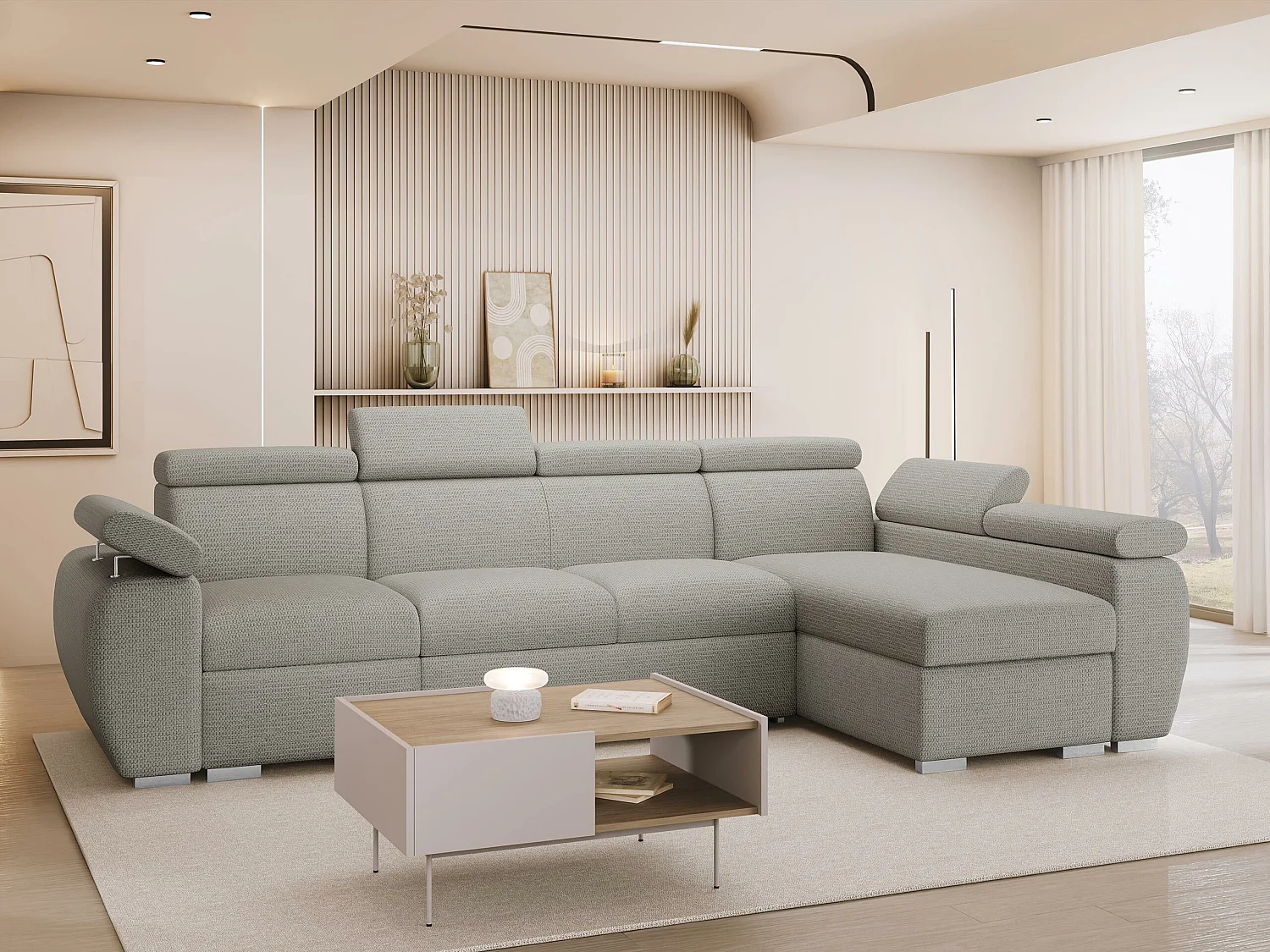 Sofá rinconero Columbus 227, De color marrón claro, Función de descanso, Almacenaje, 85cm