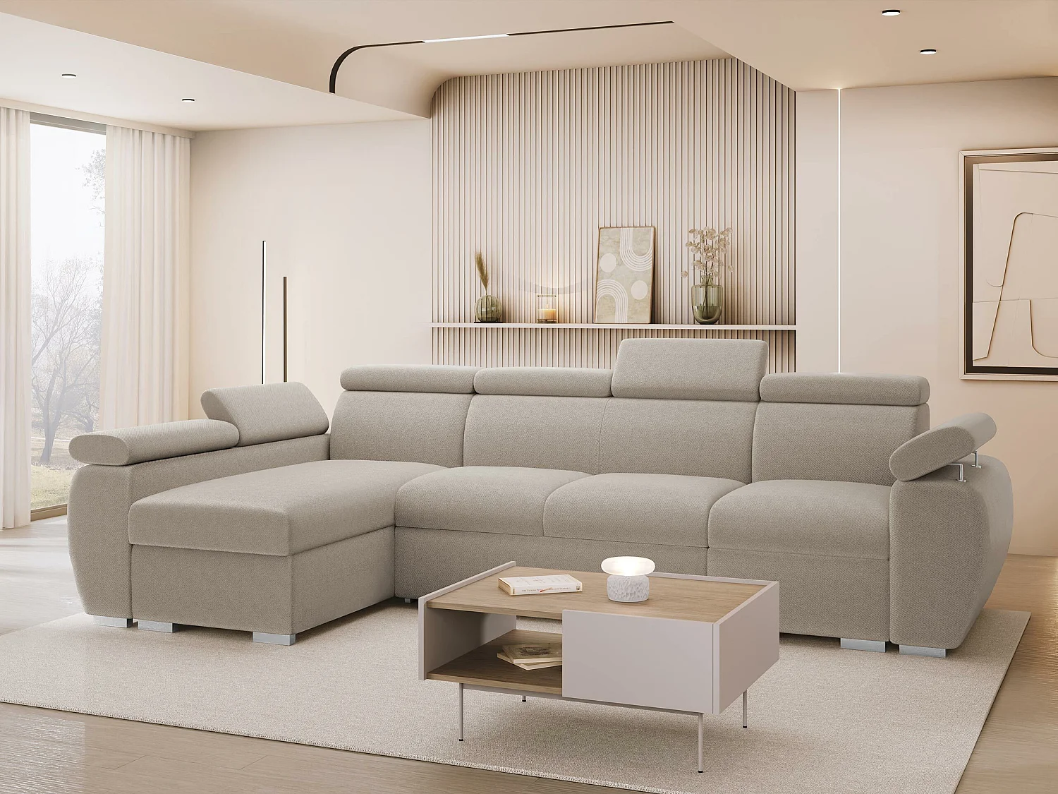 Canapé d'angle Columbus 227, Crème, Disponible, 320x170x85cm