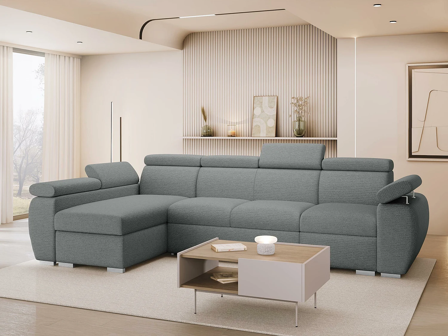 Sofá rinconero Columbus 227, Gris, Función de descanso, Almacenaje, 320x170x85cm