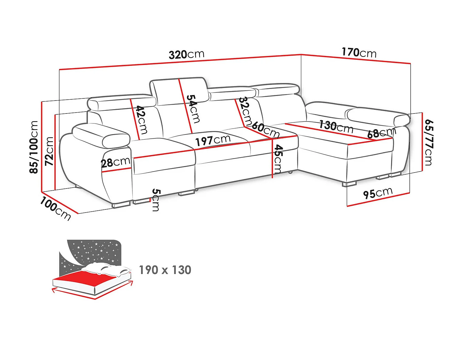 Sofá rinconero Columbus 227, Gris, Función de descanso, Almacenaje, 320x170x85cm