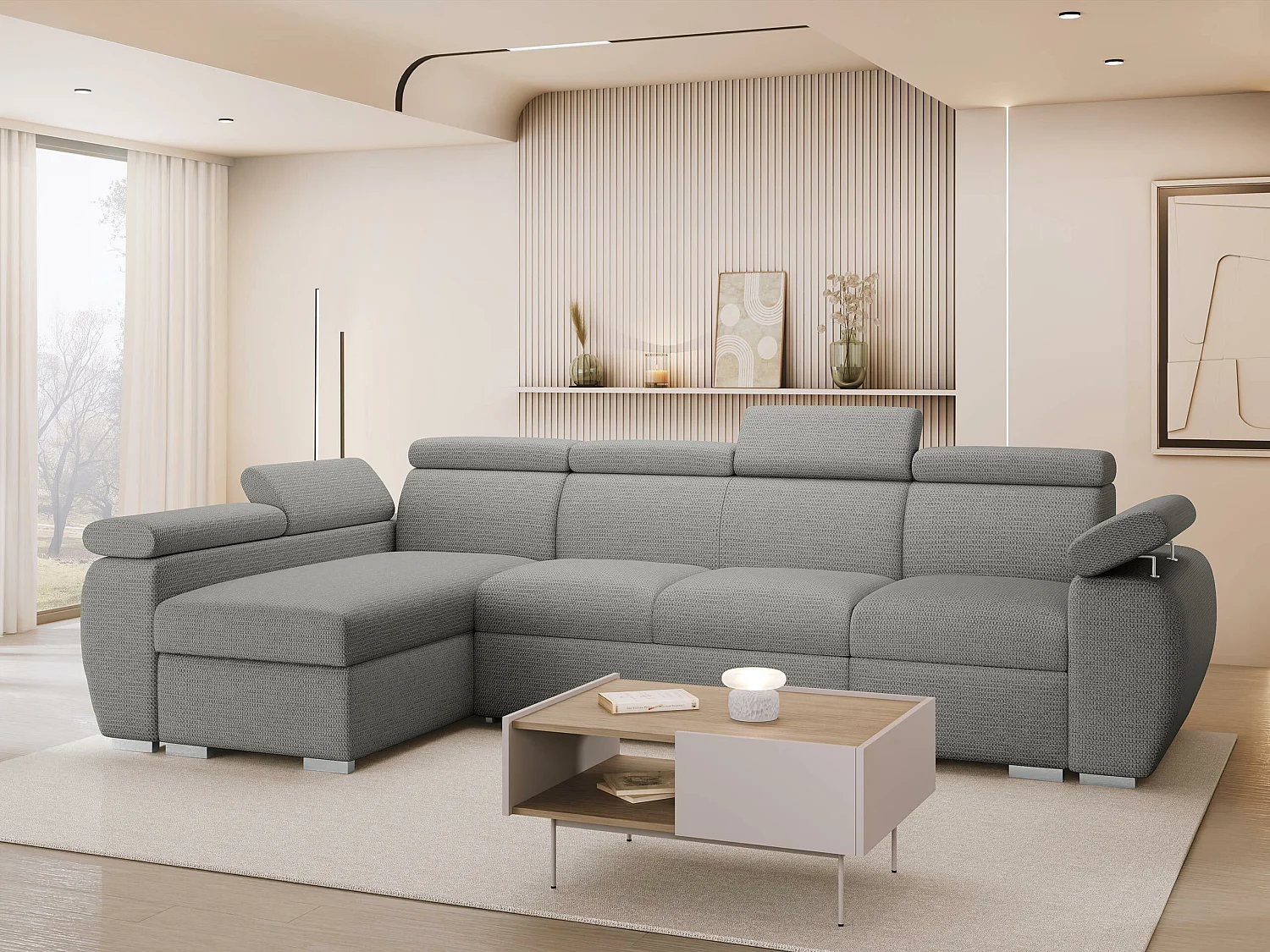 Canapé d'angle Columbus 227, Gris clair, Disponible, 320x170x85cm