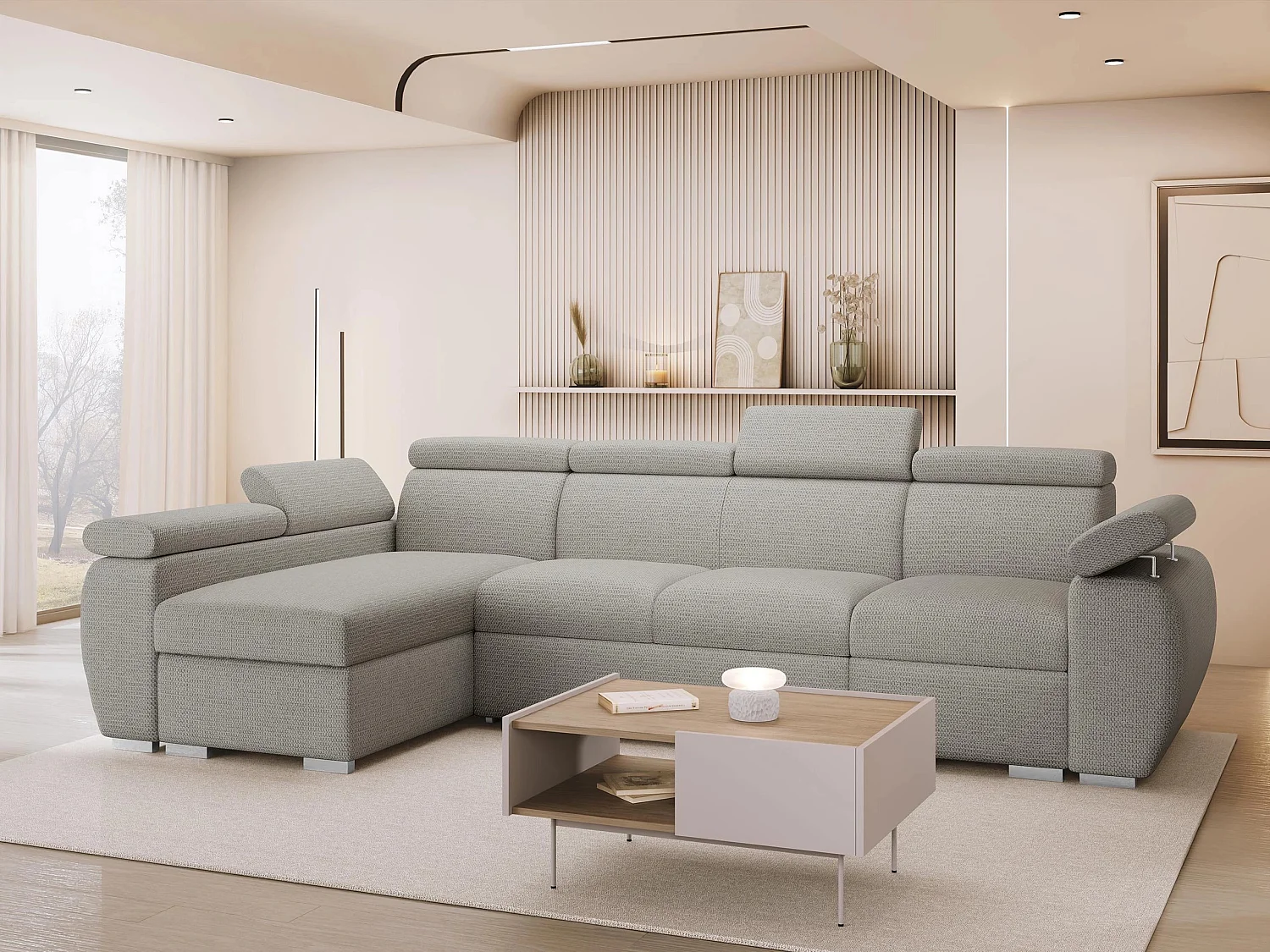 Sofá rinconero Columbus 227, De color marrón claro, Función de descanso, Almacenaje, 85cm