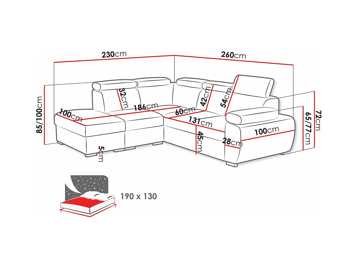 Canapé d'angle Columbus 228, Gris, Fonction de couchage, Boîte de literie, 260x230x85cm