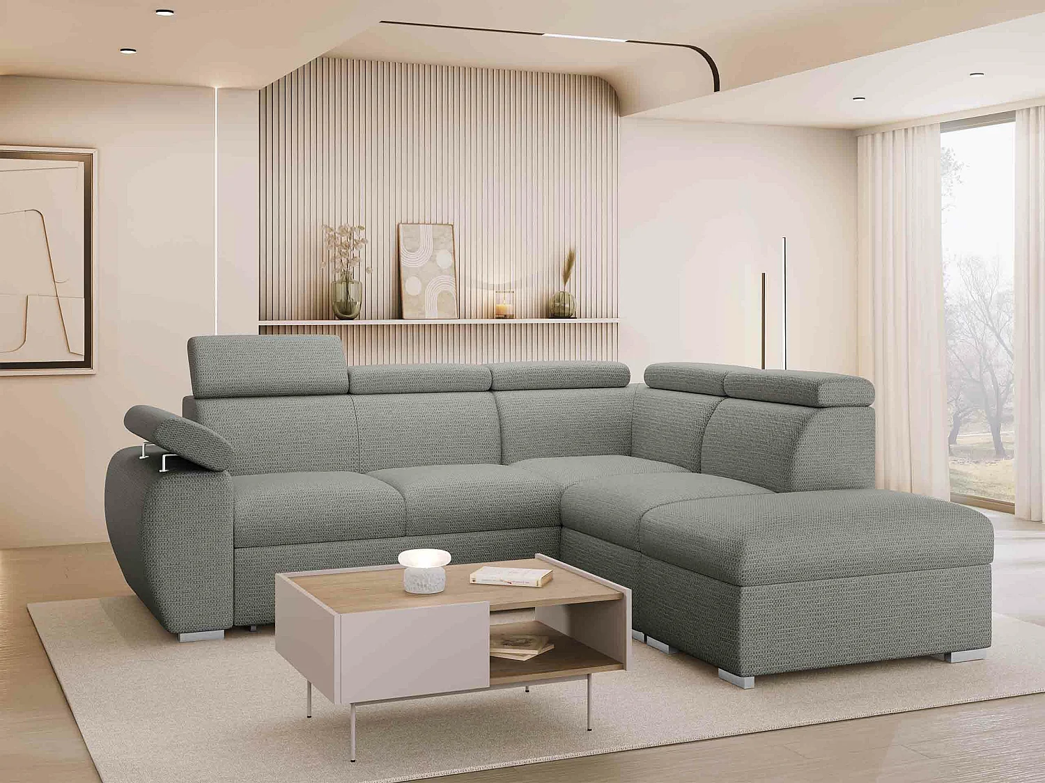 Canapé d'angle Columbus 228, Gris, Disponible, 260x230x85cm