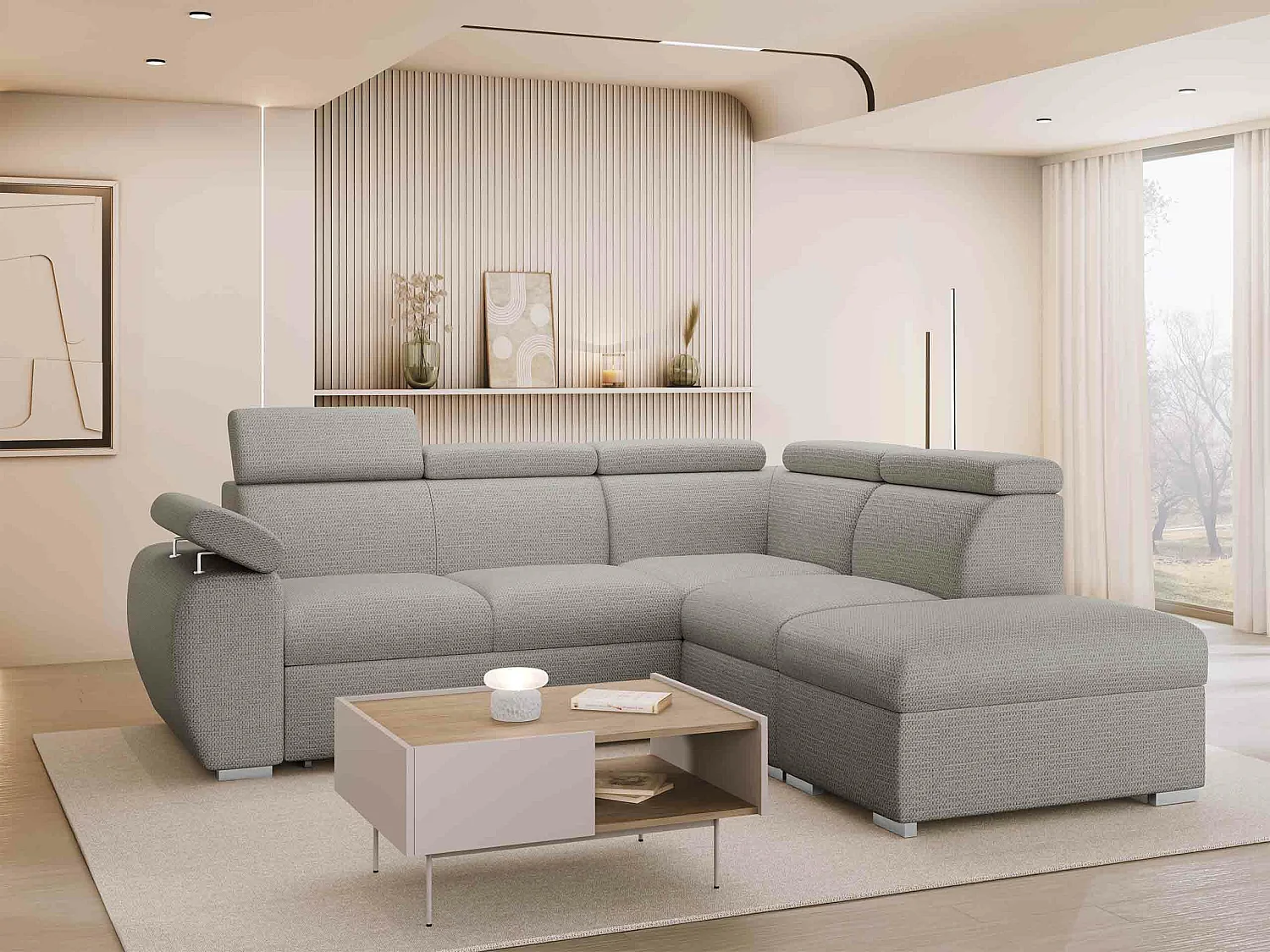 Canapé d'angle Columbus 228, Brun clair, Disponible, 260x230x85cm