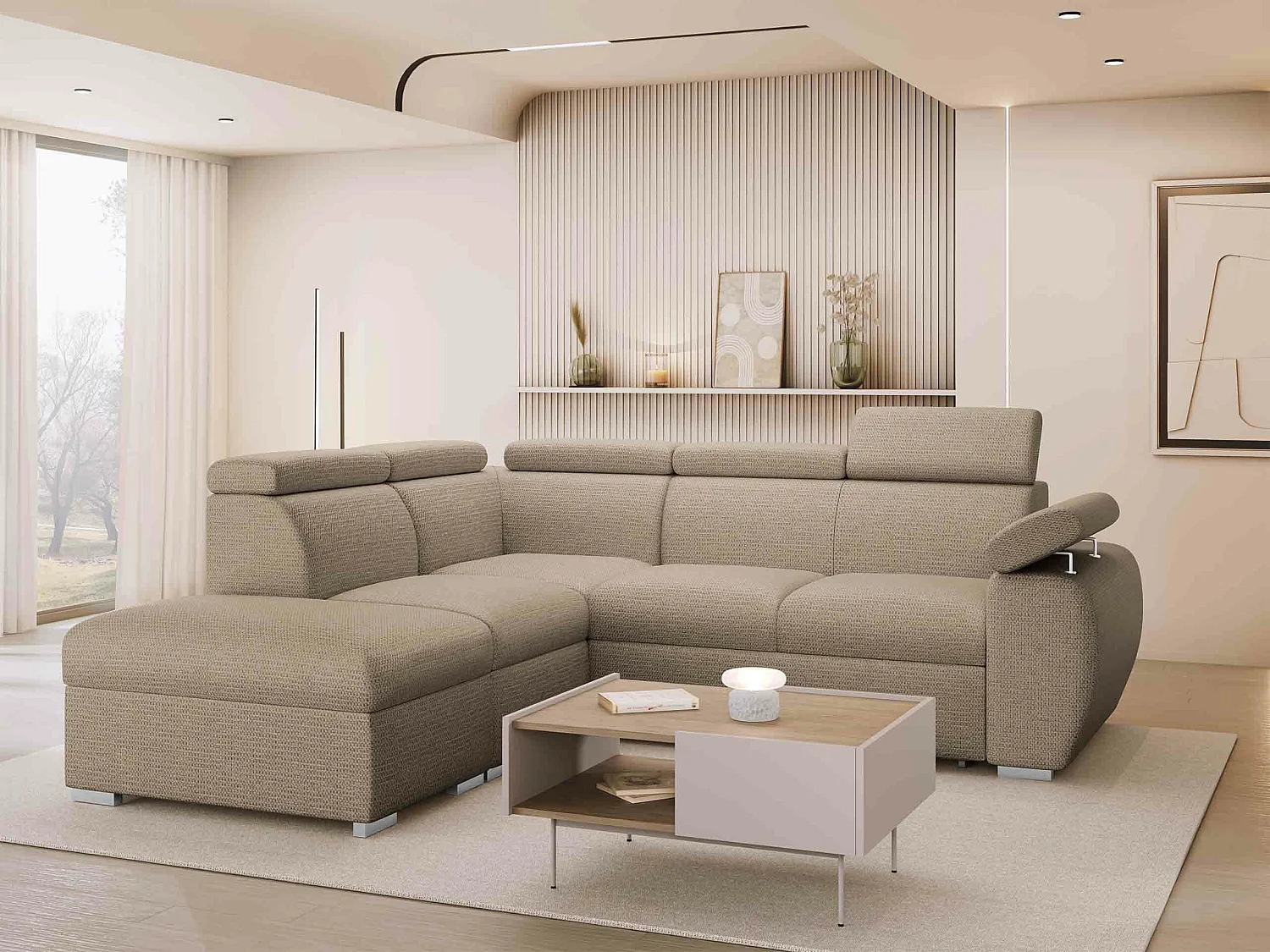 Canapé d'angle Columbus 228, Brun clair, Disponible, 260x230x85cm