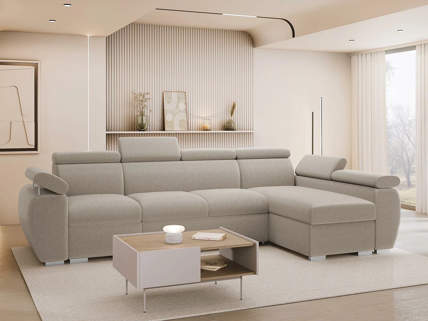 Canapé d'angle Columbus 227, Crème, Disponible, 320x170x85cm