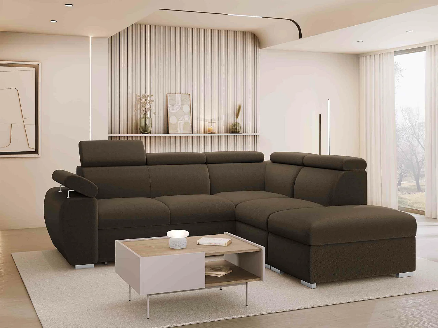 Canapé d'angle Columbus 228, Marron, Disponible, 260x230x85cm