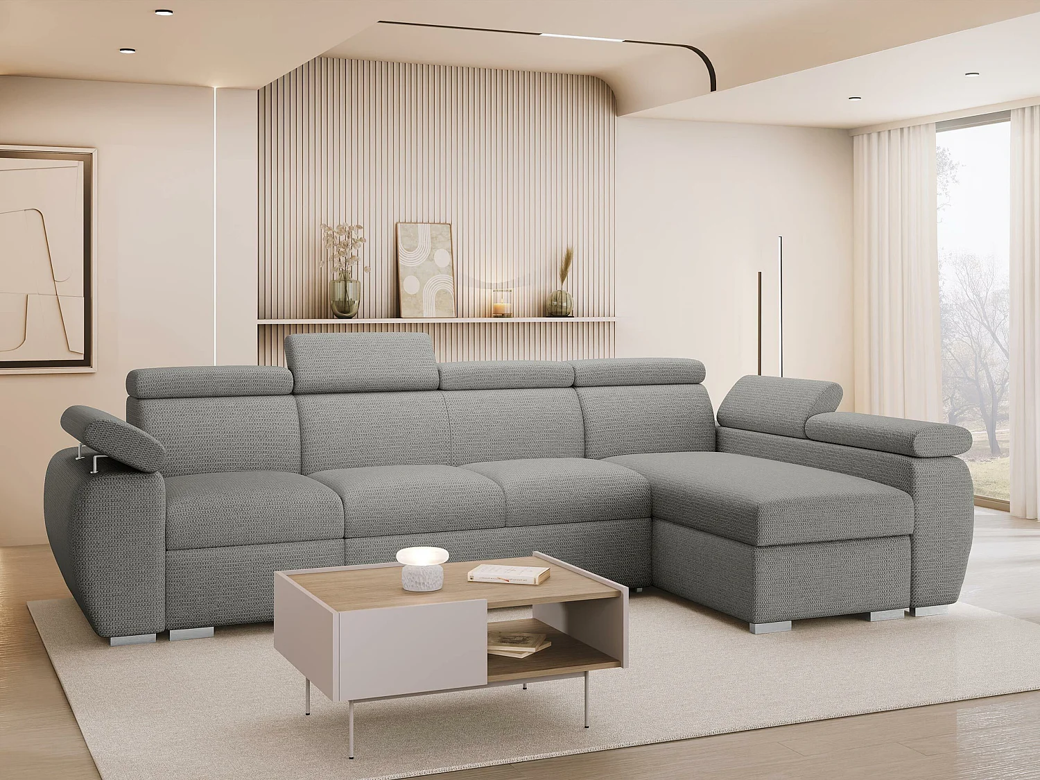 Sofá rinconero Columbus 227, Gris, Función de descanso, Almacenaje, 320x170x85cm